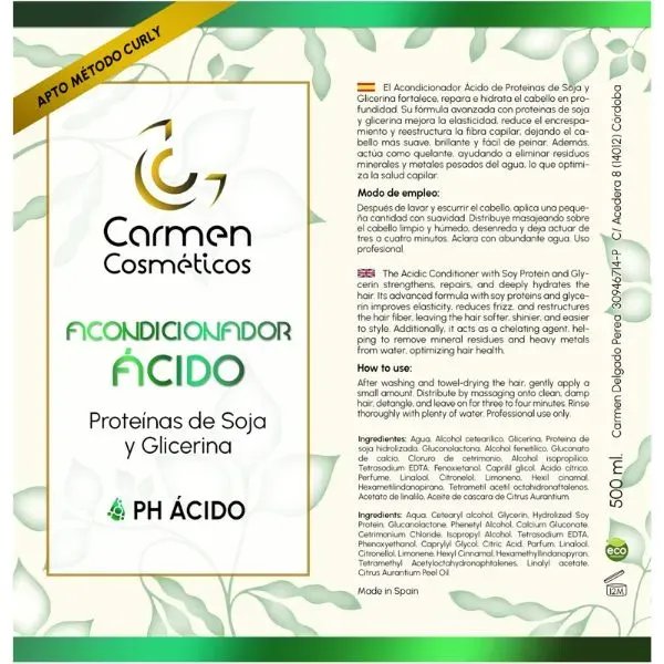 Carmen Cosméticos Acondicionador Ácido de Proteínas de Soja y Glicerina 500ml - Imagen 2